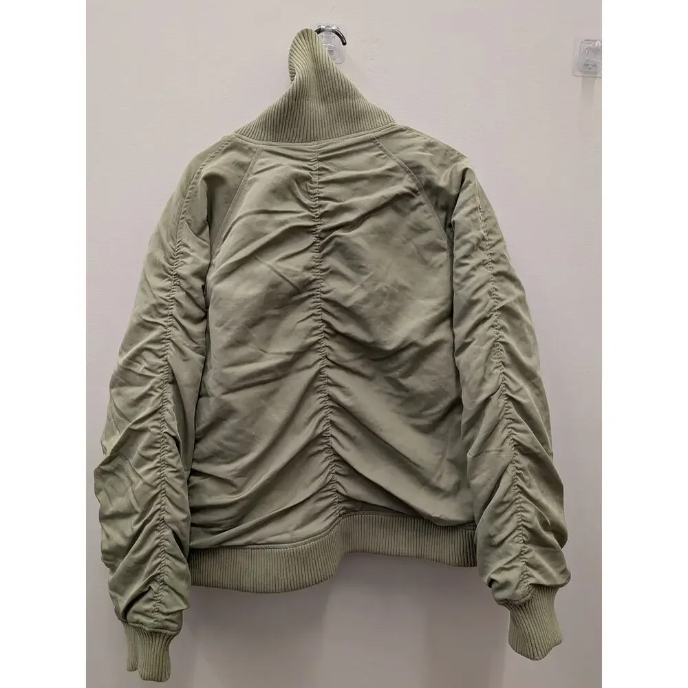 KBB Women’s Oversized Bomber Jacket Sage Green Ruched Sleeve Zip-Up Size S - Picture 4 of 8